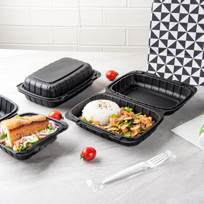 Thermo Tek 30 oz Black Mineral-Filled Plastic Clamshell Container - 9" x 6" x 3" - 100 count box