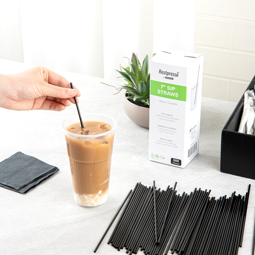 Restpresso Black Plastic Coffee Stirrer / Sip Straw - 7" - 500 count box