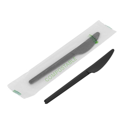 Basic Nature Black CPLA Plastic Knife - Compostable Wrapper, Heat-Resistant - 6 1/2" - 250 count box