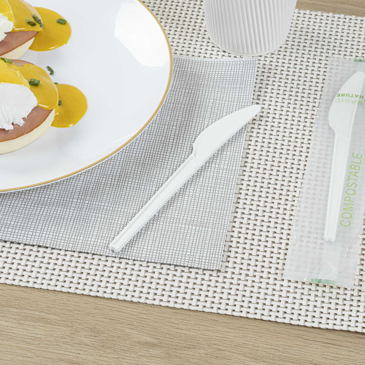 Basic Nature White CPLA Plastic Knife - Compostable Wrapper, Heat-Resistant - 6 1/2" - 250 count box