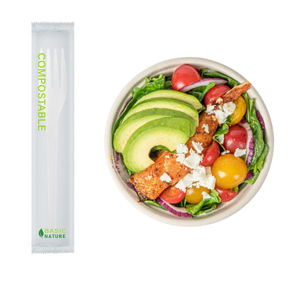 Basic Nature White CPLA Plastic Fork - Compostable Wrapper, Heat-Resistant - 6 1/2" - 250 count box