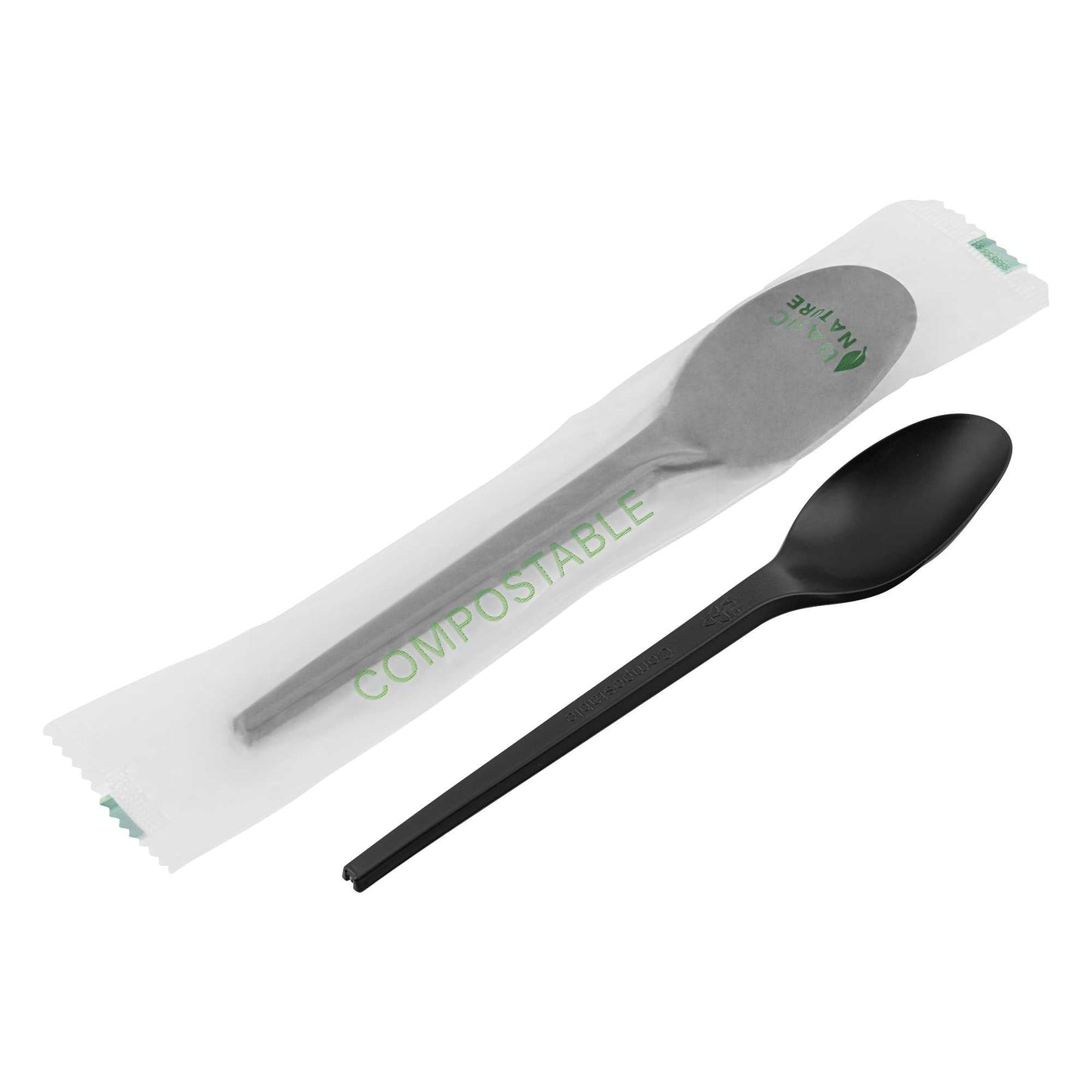 Basic Nature Black CPLA Plastic Spoon - Compostable Wrapper, Heat-Resistant - 6 1/2" - 250 count box