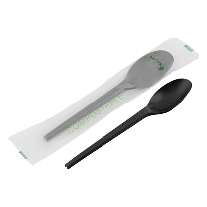 Basic Nature Black CPLA Plastic Spoon - Compostable Wrapper, Heat-Resistant - 6 1/2" - 250 count box