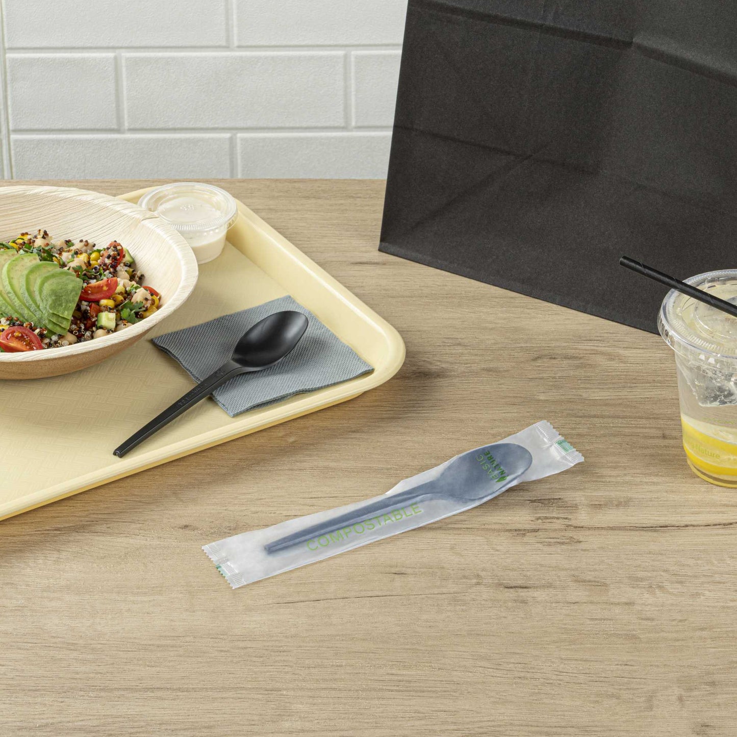 Basic Nature Black CPLA Plastic Spoon - Compostable Wrapper, Heat-Resistant - 6 1/2" - 250 count box