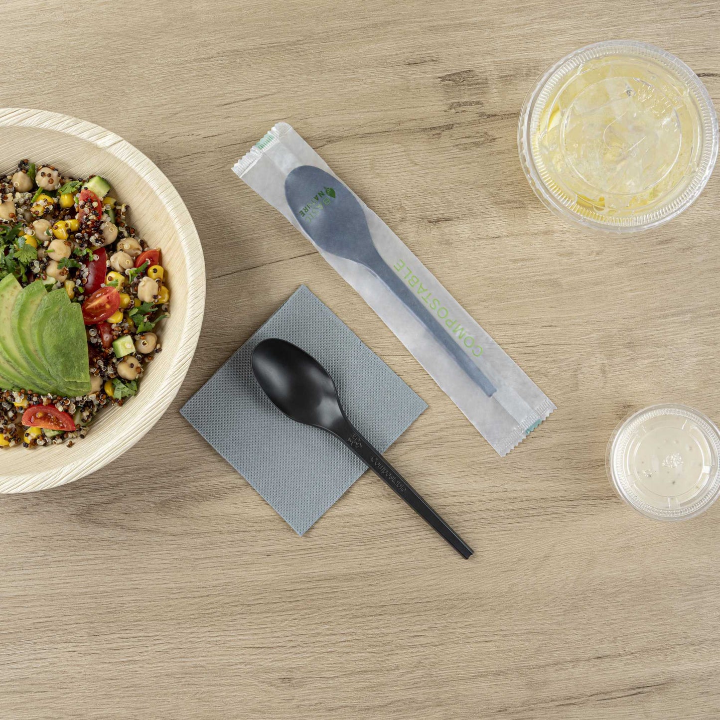 Basic Nature Black CPLA Plastic Spoon - Compostable Wrapper, Heat-Resistant - 6 1/2" - 250 count box