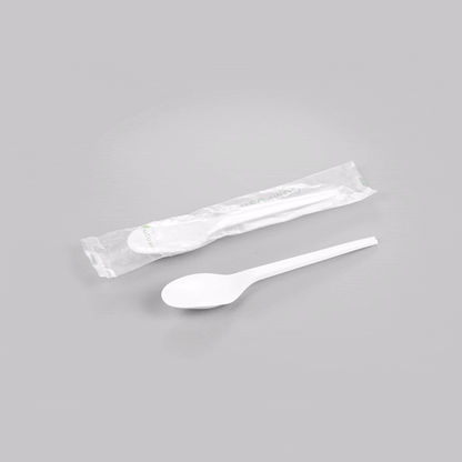 Basic Nature White CPLA Plastic Spoon - Compostable Wrapper, Heat-Resistant - 6 1/2" - 250 count box