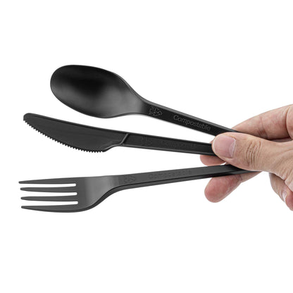 Basic Nature Black CPLA Plastic Cutlery Set - Compostable Wrapper, Heat-Resistant - 6 1/2" - 100 count box