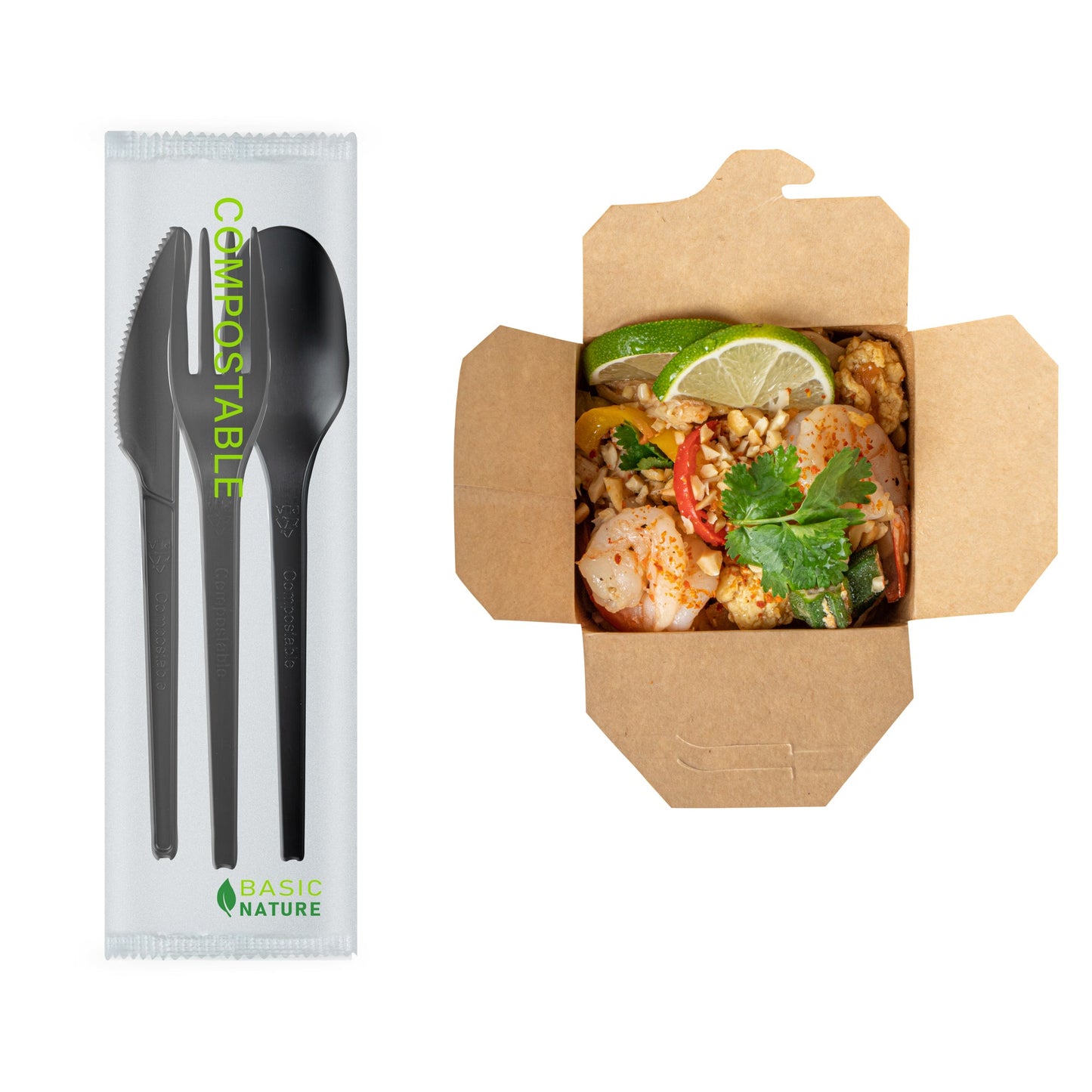 Basic Nature Black CPLA Plastic Cutlery Set - Compostable Wrapper, Heat-Resistant - 6 1/2" - 100 count box