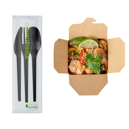 Basic Nature Black CPLA Plastic Cutlery Set - Compostable Wrapper, Heat-Resistant - 6 1/2" - 100 count box