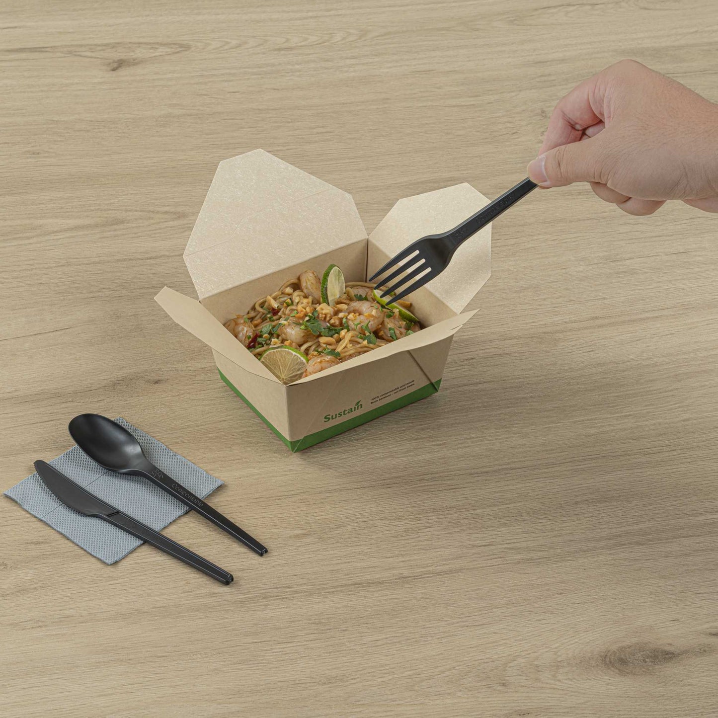 Basic Nature Black CPLA Plastic Cutlery Set - Compostable Wrapper, Heat-Resistant - 6 1/2" - 100 count box