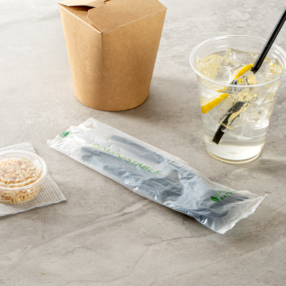 Basic Nature Black CPLA Plastic Cutlery Set - Compostable Wrapper, Heat-Resistant - 6 1/2" - 100 count box