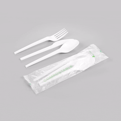 Basic Nature White CPLA Plastic Cutlery Set - Compostable Wrapper, Heat-Resistant - 6 1/2" - 100 count box