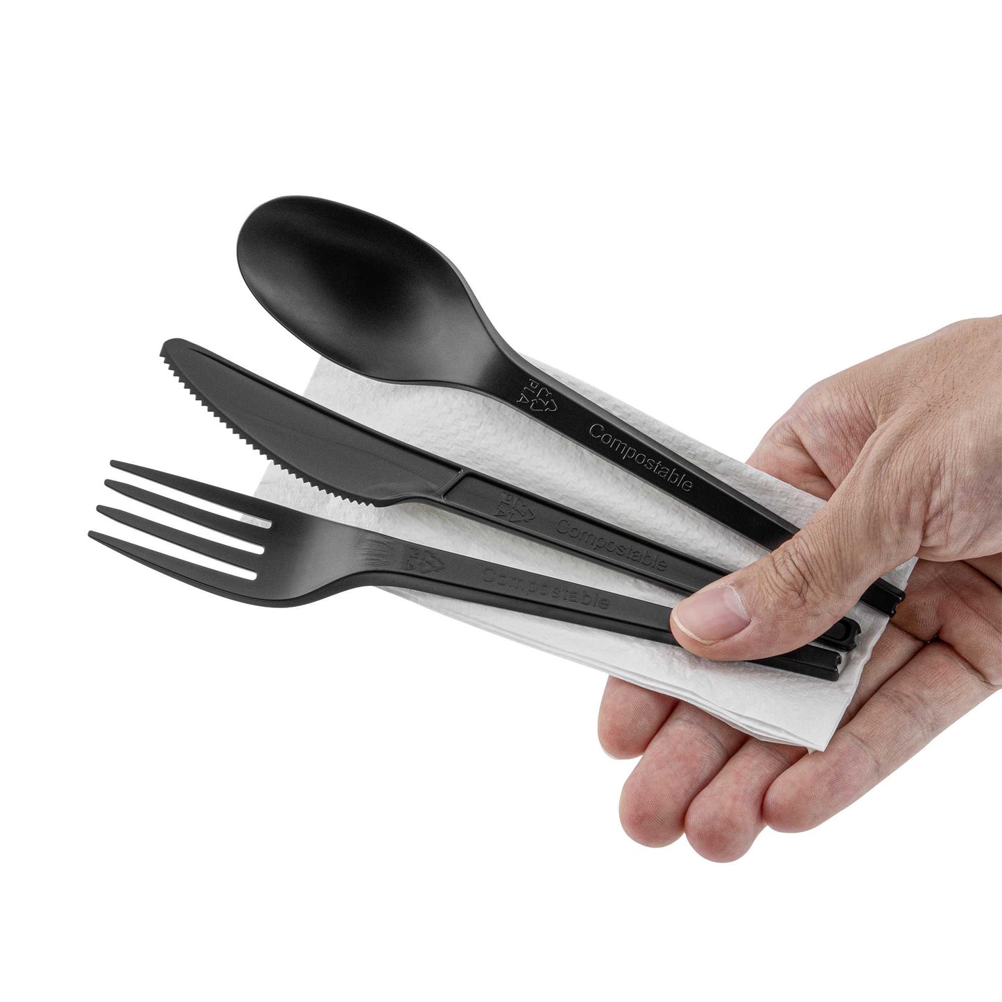 Basic Nature Black CPLA Plastic Cutlery Set - Compostable Wrapper, White Napkin, Heat-Resistant - 6 1/2" - 100 count box