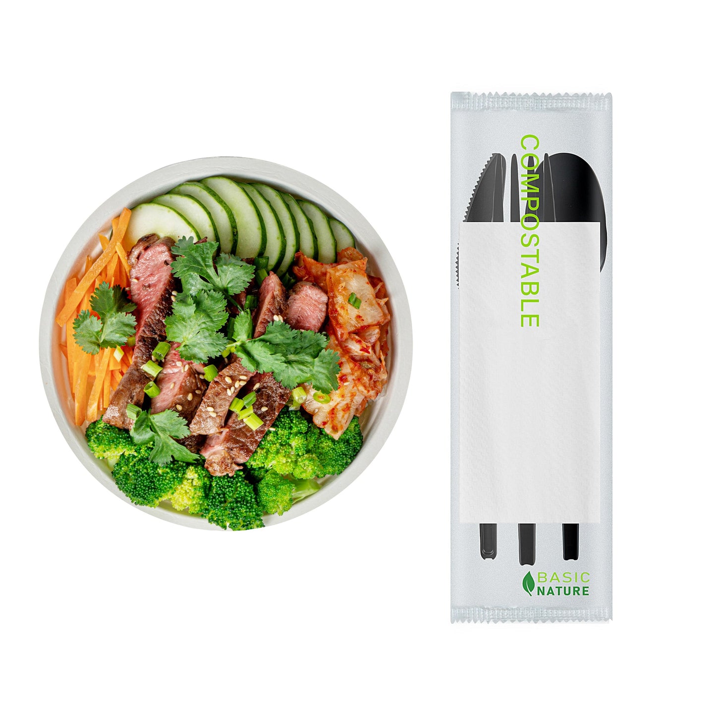 Basic Nature Black CPLA Plastic Cutlery Set - Compostable Wrapper, White Napkin, Heat-Resistant - 6 1/2" - 100 count box