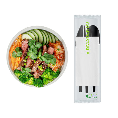 Basic Nature Black CPLA Plastic Cutlery Set - Compostable Wrapper, White Napkin, Heat-Resistant - 6 1/2" - 100 count box