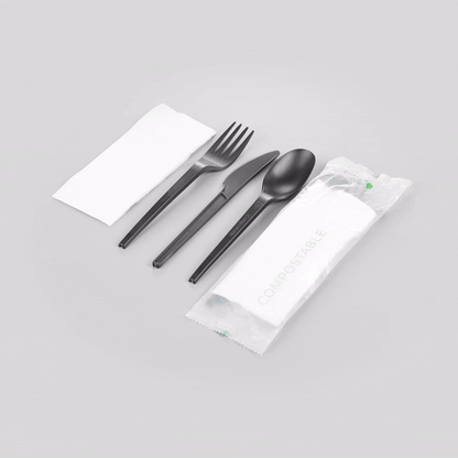 Basic Nature Black CPLA Plastic Cutlery Set - Compostable Wrapper, White Napkin, Heat-Resistant - 6 1/2" - 100 count box