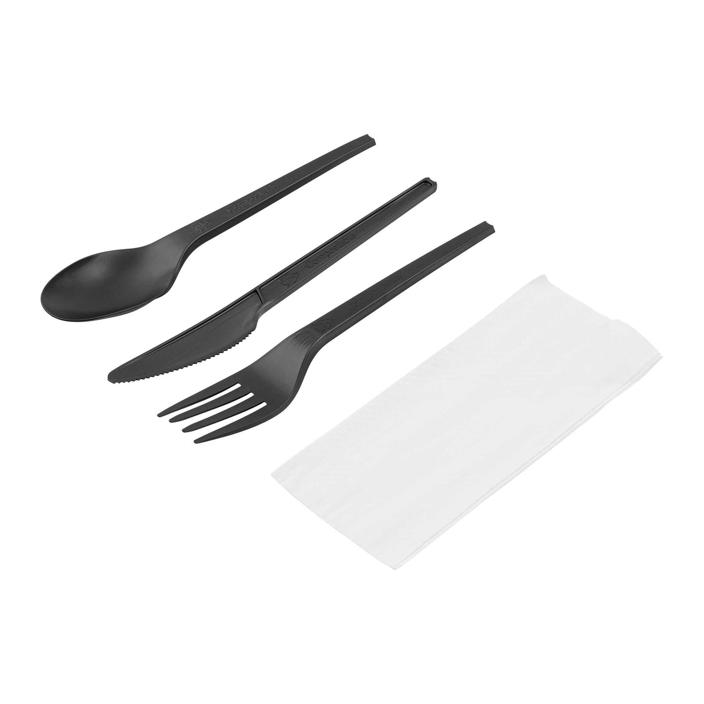 Basic Nature Black CPLA Plastic Cutlery Set - Compostable Wrapper, White Napkin, Heat-Resistant - 6 1/2" - 100 count box