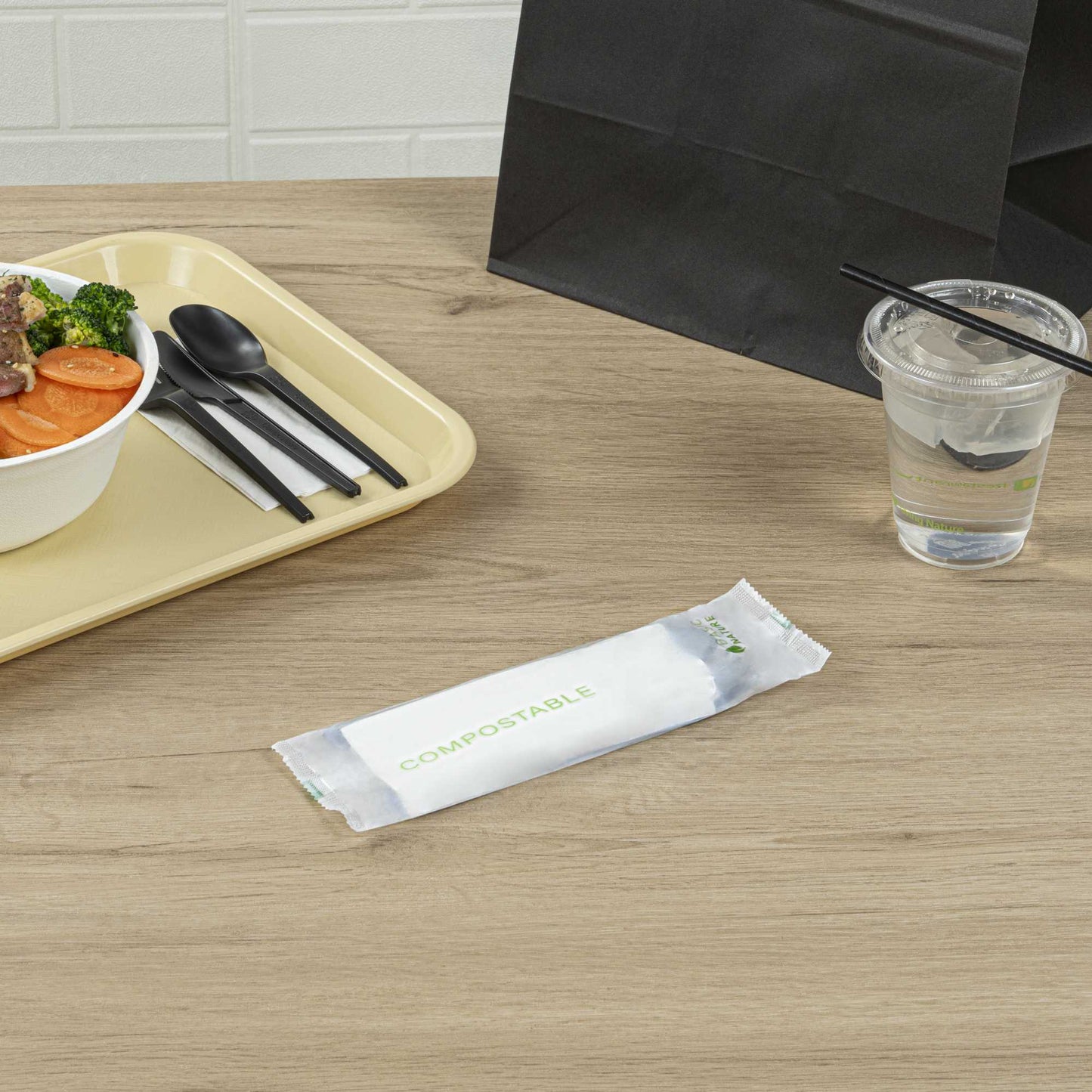 Basic Nature Black CPLA Plastic Cutlery Set - Compostable Wrapper, White Napkin, Heat-Resistant - 6 1/2" - 100 count box