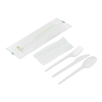 Basic Nature White CPLA Plastic Cutlery Set - Compostable Wrapper, White Napkin, Heat-Resistant - 6 1/2" - 100 count box