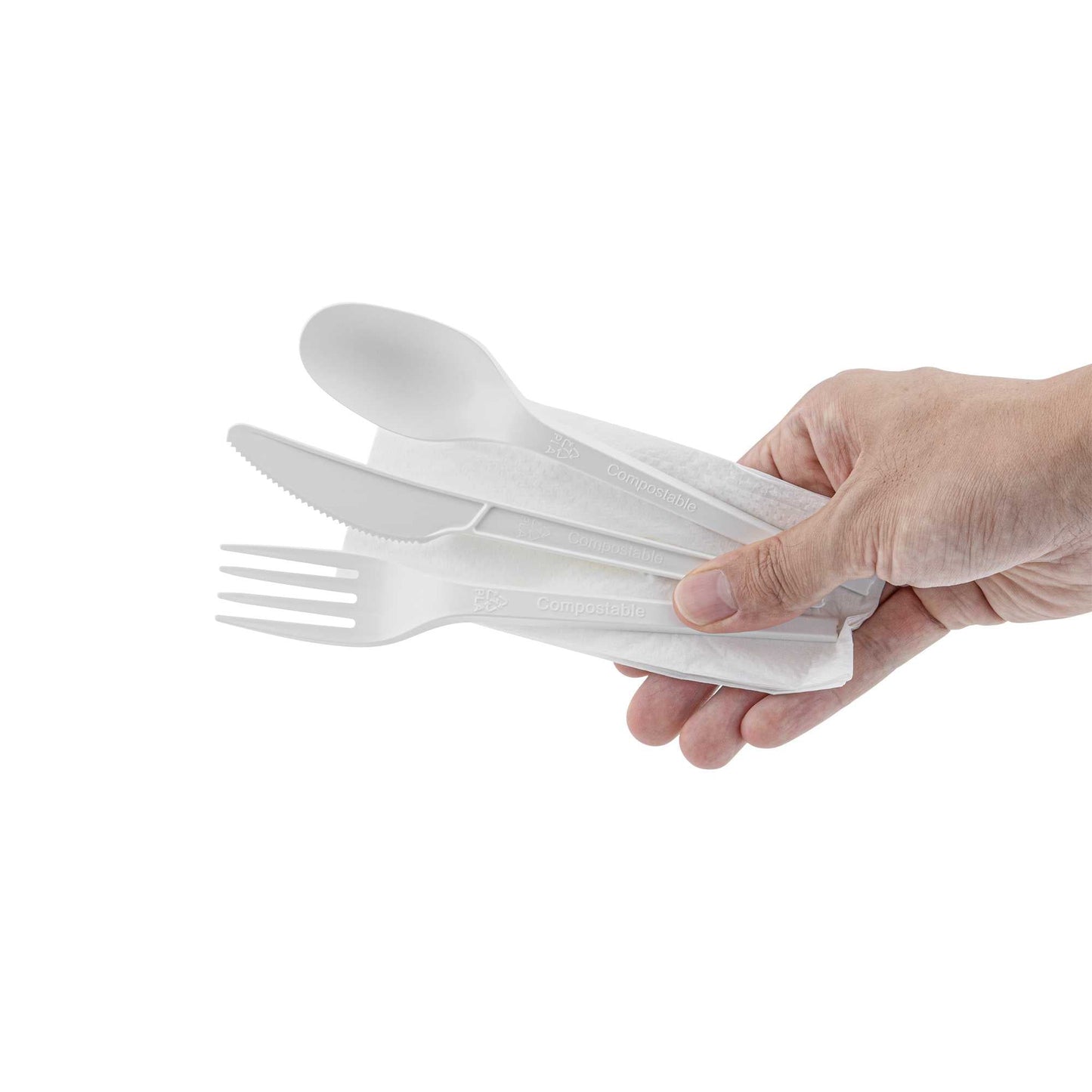 Basic Nature White CPLA Plastic Cutlery Set - Compostable Wrapper, White Napkin, Heat-Resistant - 6 1/2" - 100 count box