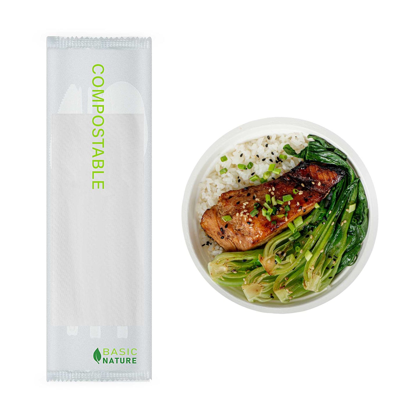 Basic Nature White CPLA Plastic Cutlery Set - Compostable Wrapper, White Napkin, Heat-Resistant - 6 1/2" - 100 count box