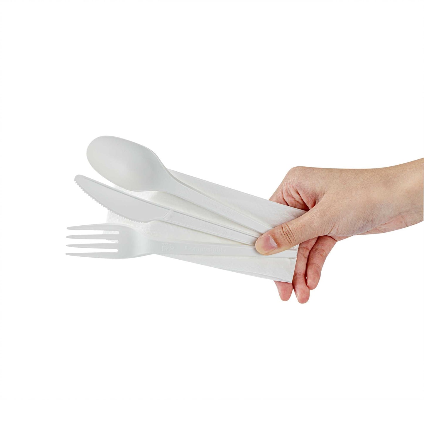 Basic Nature White CPLA Plastic Cutlery Set - Compostable Wrapper, White Napkin, Heat-Resistant - 6 1/2" - 100 count box
