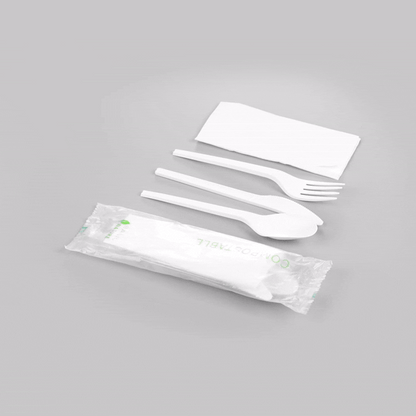 Basic Nature White CPLA Plastic Cutlery Set - Compostable Wrapper, White Napkin, Heat-Resistant - 6 1/2" - 100 count box