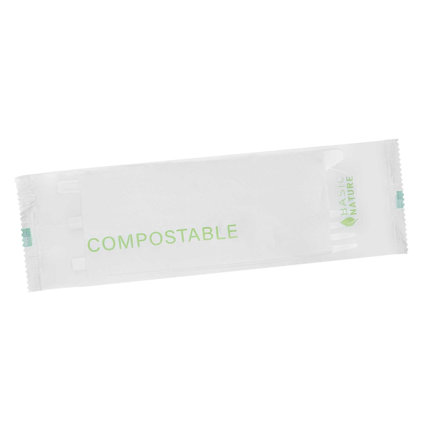 Basic Nature White CPLA Plastic Cutlery Set - Compostable Wrapper, White Napkin, Heat-Resistant - 6 1/2" - 100 count box