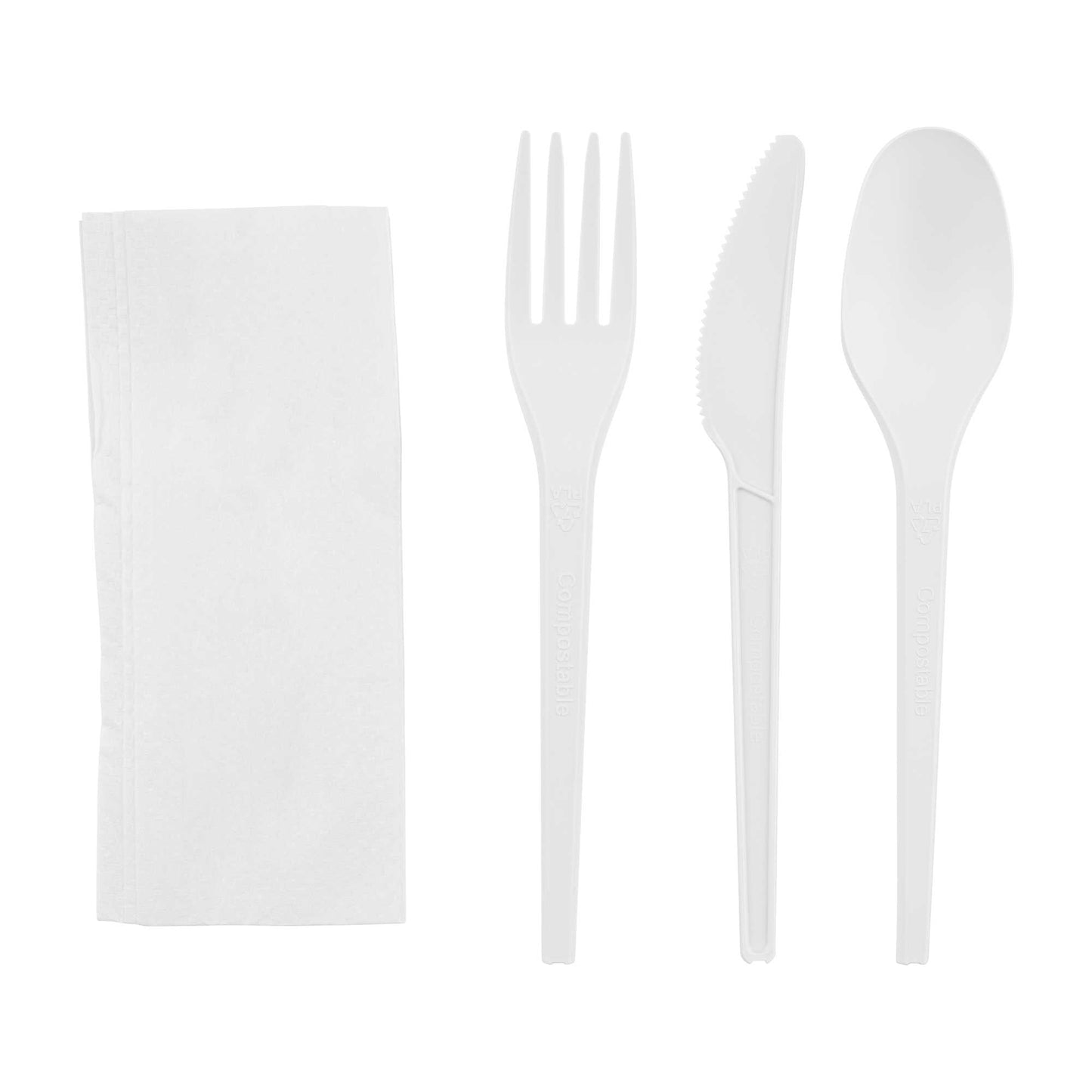 Basic Nature White CPLA Plastic Cutlery Set - Compostable Wrapper, White Napkin, Heat-Resistant - 6 1/2" - 100 count box