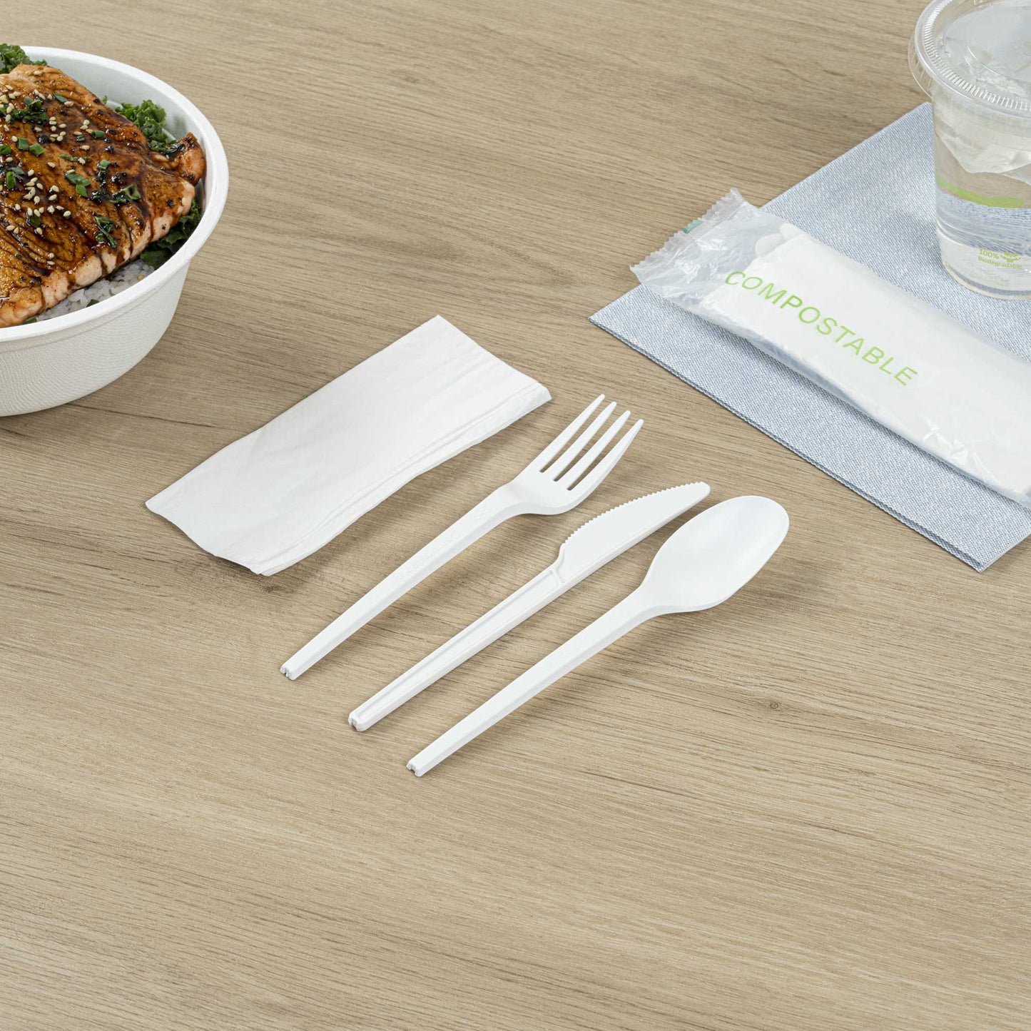 Basic Nature White CPLA Plastic Cutlery Set - Compostable Wrapper, White Napkin, Heat-Resistant - 6 1/2" - 100 count box