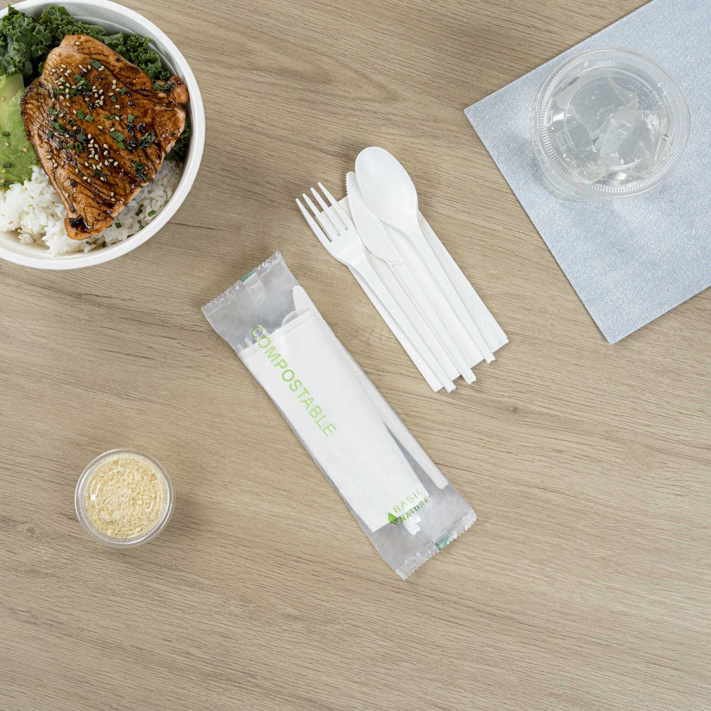 Basic Nature White CPLA Plastic Cutlery Set - Compostable Wrapper, White Napkin, Heat-Resistant - 6 1/2" - 100 count box