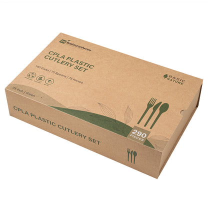 Basic Nature Green CPLA Plastic Cutlery Set - Heat-Resistant, Compostable - 7 1/2" - 290 count box