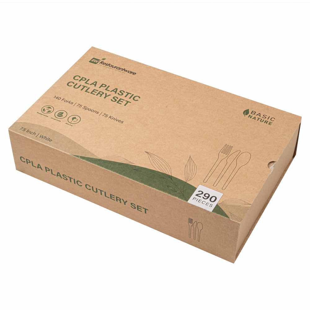 Basic Nature White CPLA Plastic Cutlery Set - Heat-Resistant, Compostable - 7 1/2" - 290 count box