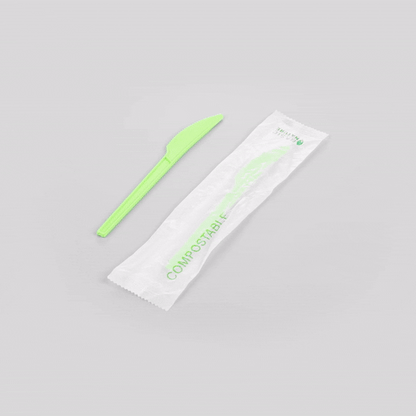 Basic Nature Green CPLA Plastic Knife - Compostable Wrapper, Heat-Resistant - 6 1/2" - 250 count box