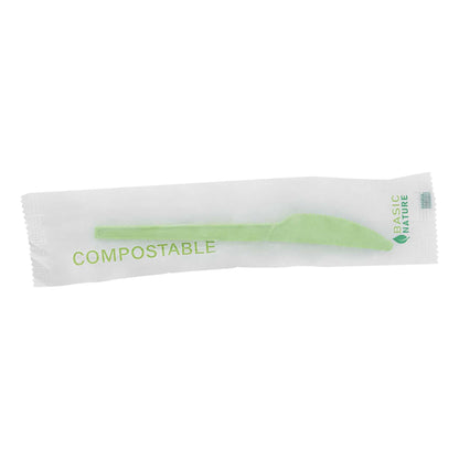 Basic Nature Green CPLA Plastic Knife - Compostable Wrapper, Heat-Resistant - 6 1/2" - 250 count box