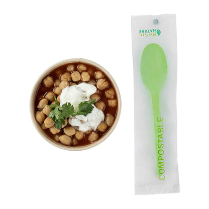 Basic Nature Green CPLA Plastic Spoon - Compostable Wrapper, Heat-Resistant - 6 1/2" - 250 count box