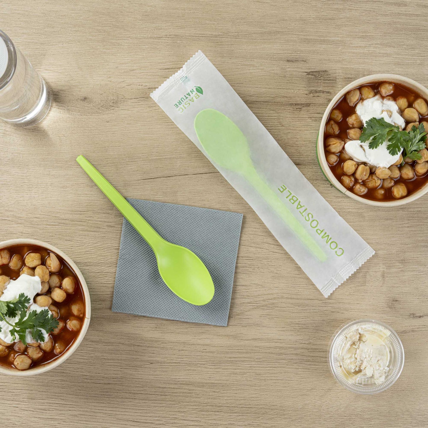 Basic Nature Green CPLA Plastic Spoon - Compostable Wrapper, Heat-Resistant - 6 1/2" - 250 count box