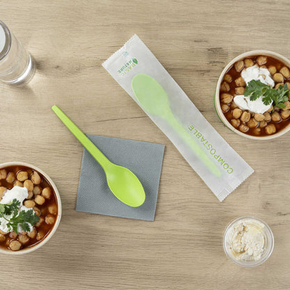 Basic Nature Green CPLA Plastic Spoon - Compostable Wrapper, Heat-Resistant - 6 1/2" - 250 count box