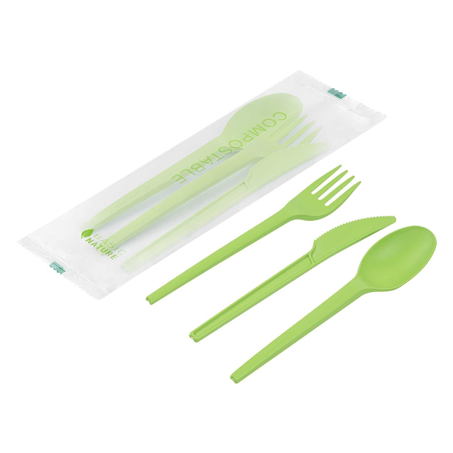 Basic Nature Green CPLA Plastic Cutlery Set - Compostable Wrapper, Heat-Resistant - 6 1/2" - 100 count box