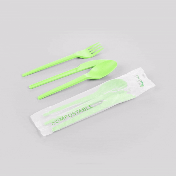 Basic Nature Green CPLA Plastic Cutlery Set - Compostable Wrapper, Heat-Resistant - 6 1/2" - 100 count box