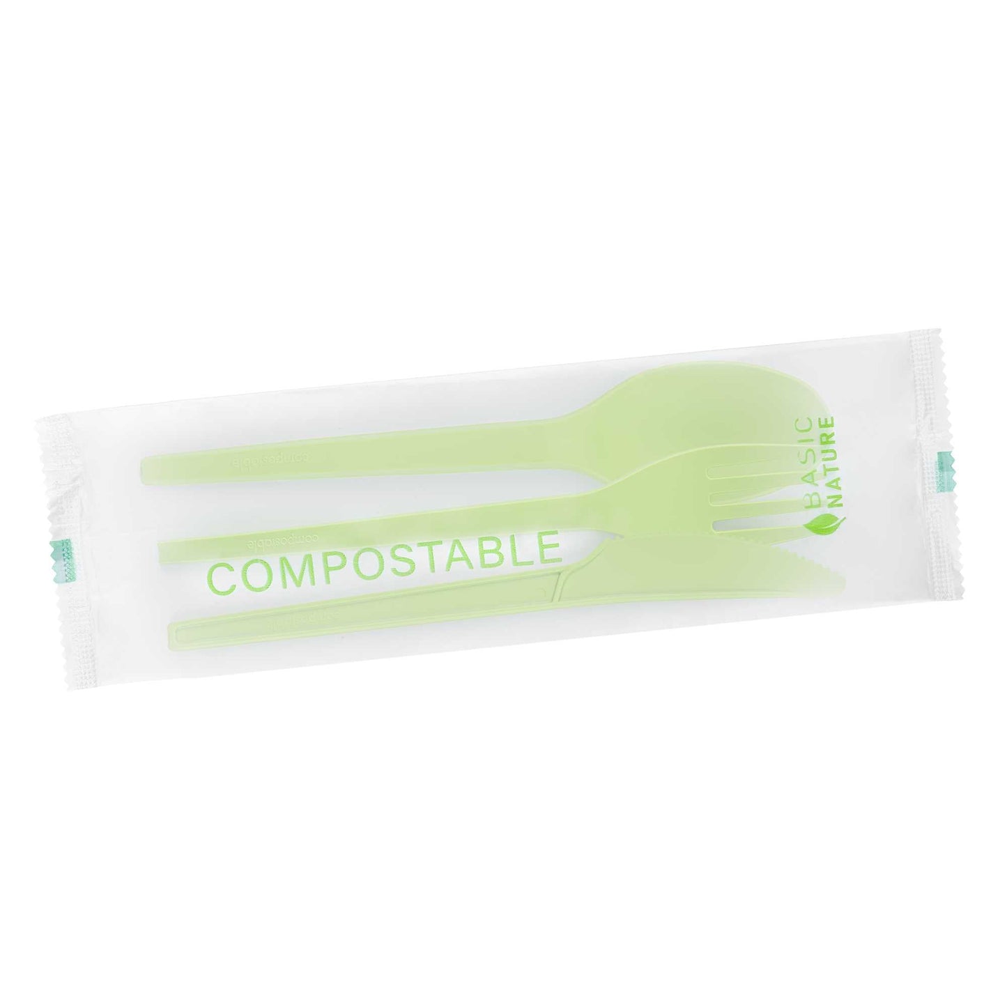 Basic Nature Green CPLA Plastic Cutlery Set - Compostable Wrapper, Heat-Resistant - 6 1/2" - 100 count box
