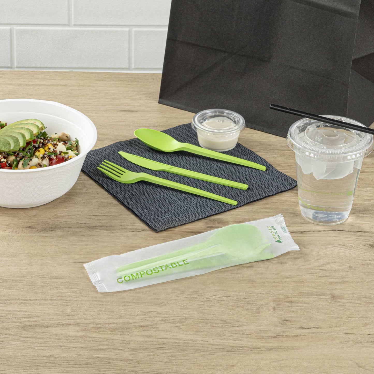 Basic Nature Green CPLA Plastic Cutlery Set - Compostable Wrapper, Heat-Resistant - 6 1/2" - 100 count box