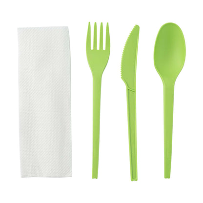 Basic Nature Green CPLA Plastic Cutlery Set - Compostable Wrapper, White Napkin, Heat-Resistant - 6 1/2" - 100 count box