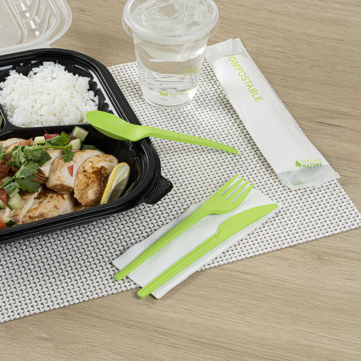 Basic Nature Green CPLA Plastic Cutlery Set - Compostable Wrapper, White Napkin, Heat-Resistant - 6 1/2" - 100 count box