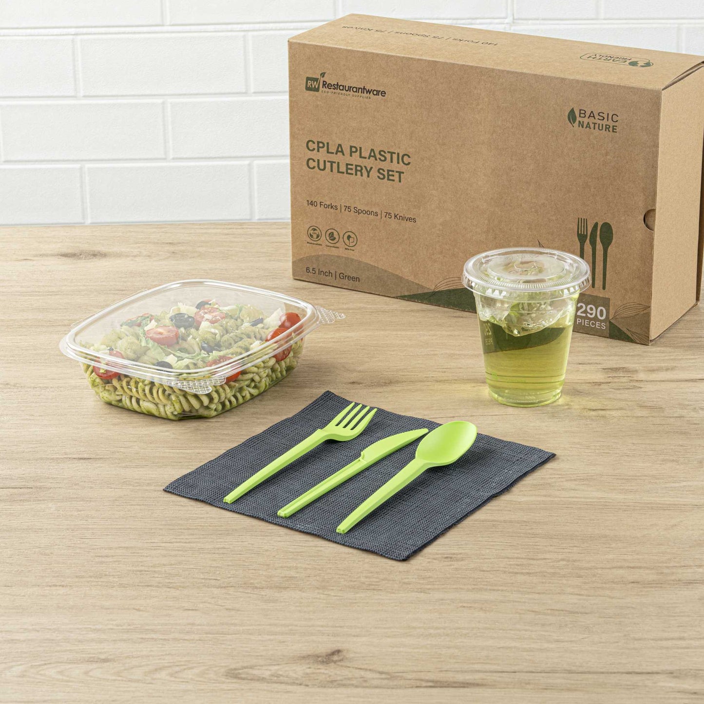 Basic Nature Green CPLA Plastic Cutlery Set - Heat-Resistant, Compostable - 6 1/2" - 290 count box
