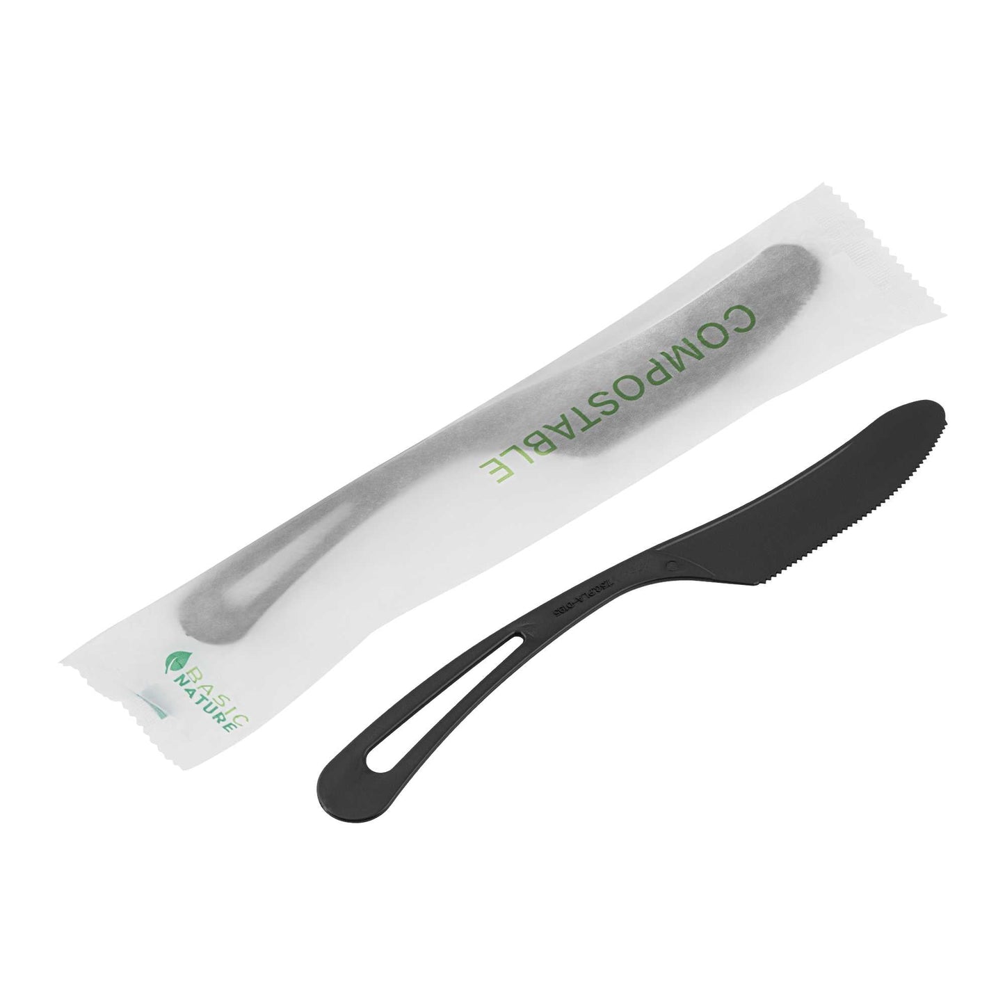 Basic Nature Black CPLA Plastic Knife - Compostable Wrapper, Heat-Resistant - 7 1/2" - 250 count box
