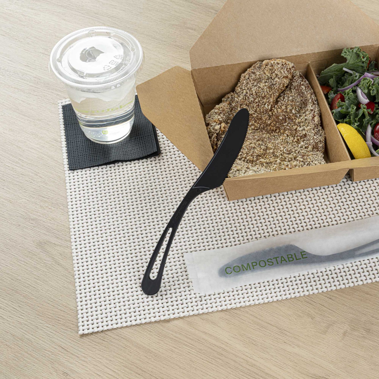 Basic Nature Black CPLA Plastic Knife - Compostable Wrapper, Heat-Resistant - 7 1/2" - 250 count box