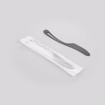 Basic Nature Black CPLA Plastic Knife - Compostable Wrapper, Heat-Resistant - 7 1/2" - 250 count box