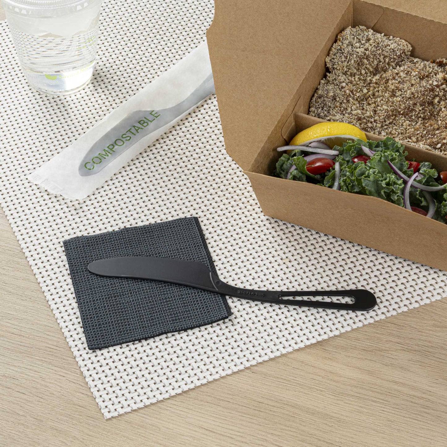 Basic Nature Black CPLA Plastic Knife - Compostable Wrapper, Heat-Resistant - 7 1/2" - 250 count box