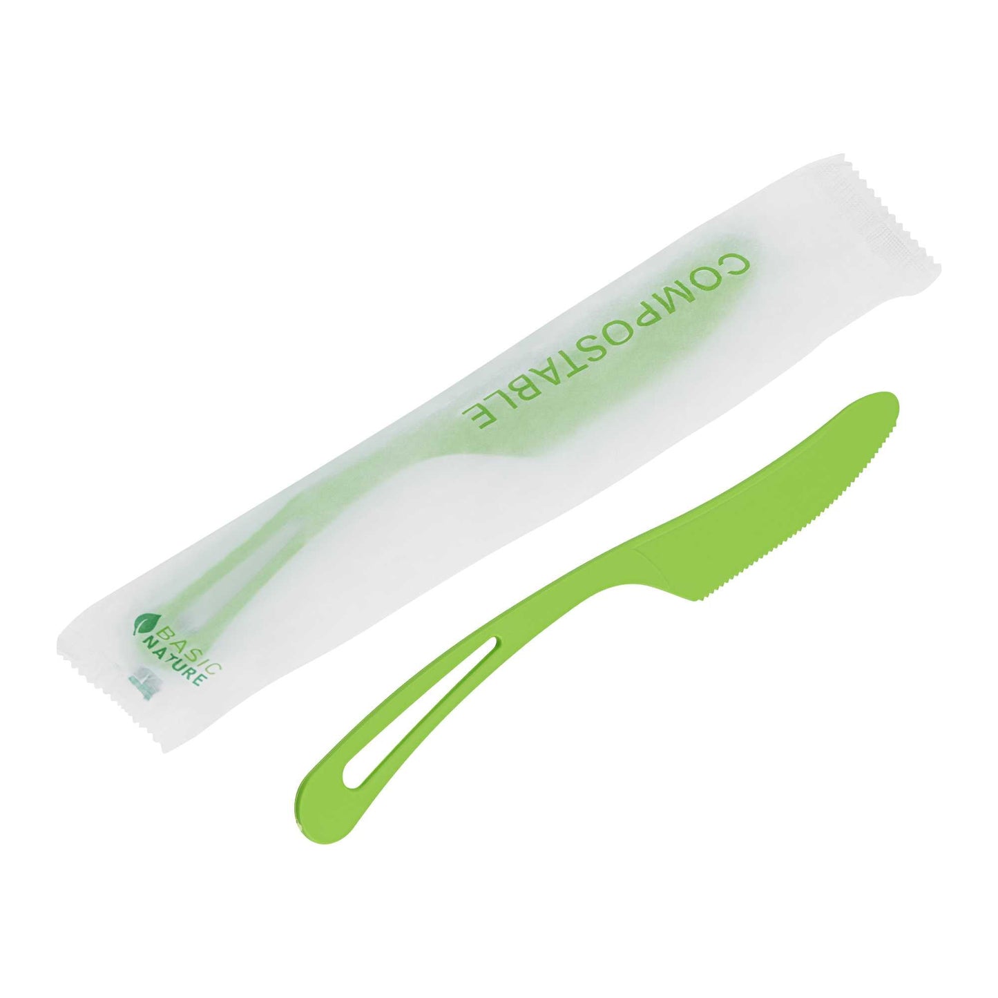 Basic Nature Green CPLA Plastic Knife - Compostable Wrapper, Heat-Resistant - 7 1/2" - 250 count box